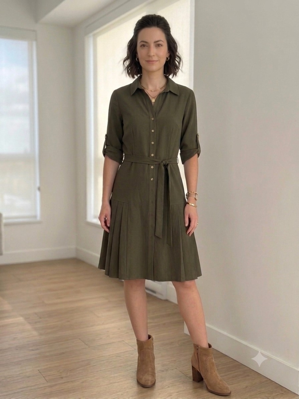 Sharagano Olive Green Button-Front Shirt Dress with Tie Waist